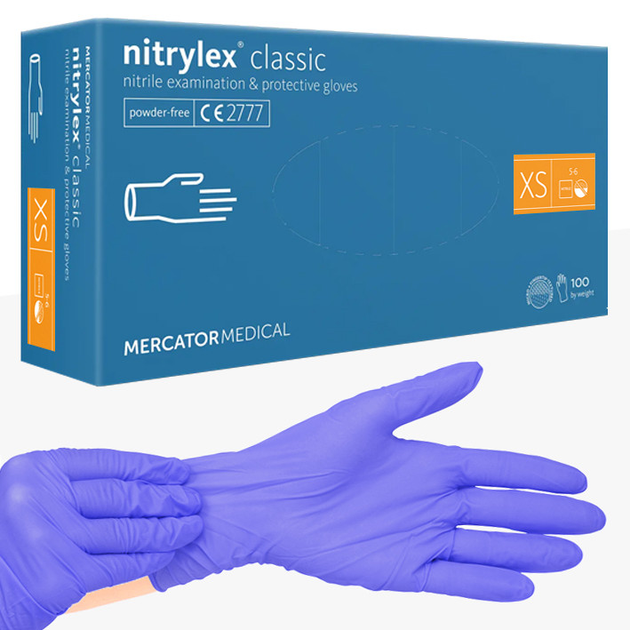Рукавички нітрилові оглядові нестерильні неприпудрені Mercator Nitrylex® Classic, розмір XS